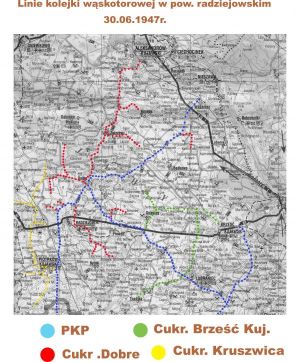 Mapa linii kolejki wąskotorowej w powiecie radziejowskim