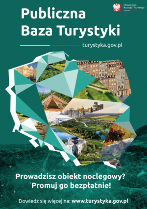 Kolorowy plakat informacyjny z mapą Polski i adresem www.turystyka.gov.pl