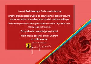 Życzenia starosty radziejowskiego Jarosława Kołtuniaka dla krwiodawców