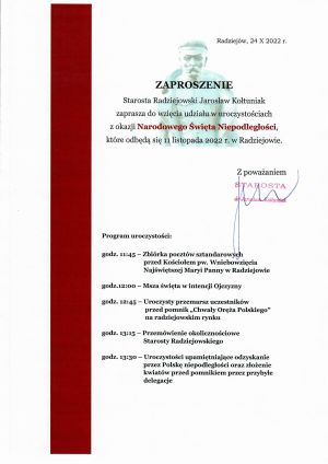 Zaproszenie - 11 listopada 2022 r. (powiatowe uroczystości)