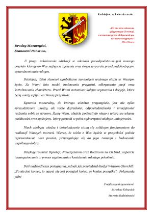 List dla Maturzystów od Starosty Radziejowskiego