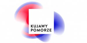 Napis "Kujawy Pomorze" na czerwono-niebieskim tle