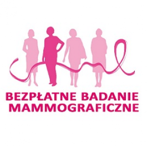 Różowa wstążka i napis Bezpłatne badanie mammograficzne