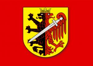 Herb powiatu radziejowskiego na czerwonym tle